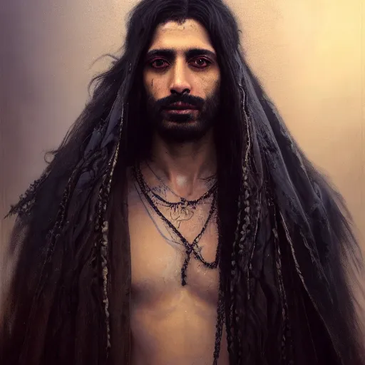 Image similar to portrait painting of a middle - eastern man with shoulder length hair and wearing a tattered black feather cloak and coat, ultra realistic, concept art, intricate details, eerie, highly detailed, photorealistic, octane render, 8 k, unreal engine. art by artgerm and greg rutkowski and charlie bowater and magali villeneuve and alphonse mucha