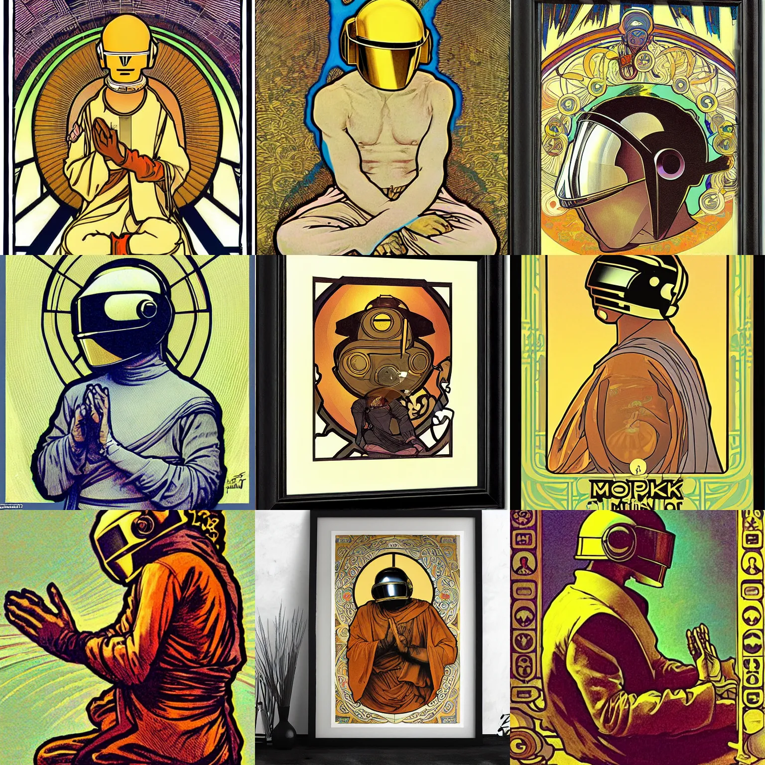 Prompt: monk meditating wearing a daft - punk helmet, illustration, art by alphonse mucha