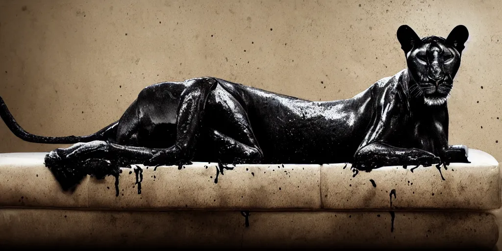 Image similar to a black lioness, made of ferrofluid, viscous, sticky, full of ferrofluid, laying on the white couch in the living room, covered with black goo. photography, dslr, realism, color, rimlight, wrinkles, reflections, animal photography, black goo