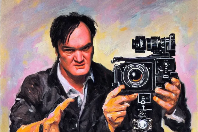 Prompt: Quentin tarantino holding a 16 mm camera, oil painting