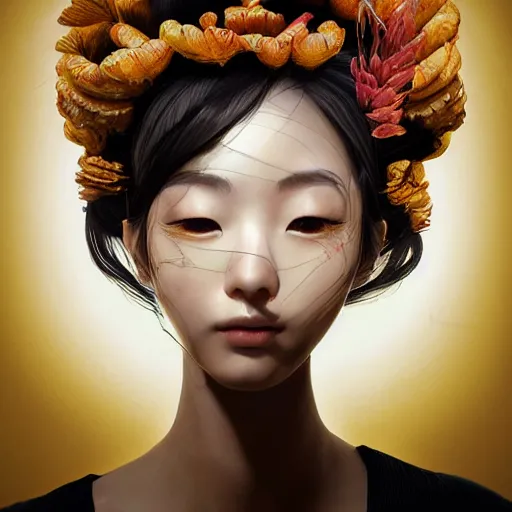 Image similar to the portrait of an absurdly beautiful, graceful, elegant young japanese woman made of bananas and petals looking up, an ultrafine detailed illustration by kim jung gi, irakli nadar, intricate linework, bright colors, octopath traveler, final fantasy, angular, unreal engine 5 highly rendered, global illumination, radiant light, detailed and intricate environment