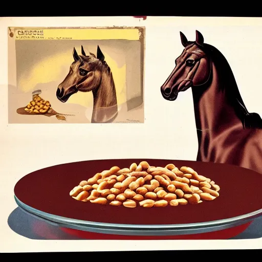 Prompt: vintage 1 9 5 0 s illustration of a horse sitting in baked beans