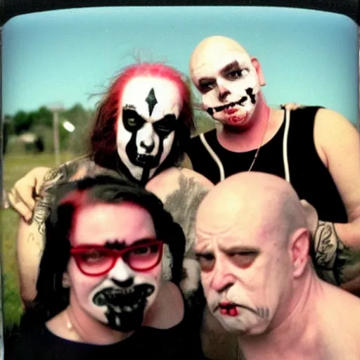 Image similar to found polaroid photo of juggalo trash humpers, wtf