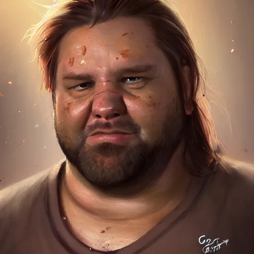 Image similar to portrait of a half fatman half pig with long hair tied in a ponytail, light stubble with red shirt eats kebab ,digital art,photorealistoc,art by greg rutkowski,hyperdetailed,western comic style,comic,comic style,sharp lineart,professional lighting,deviantart,artstation,trevor henderson,rossdtaws,cinematic,dramatic