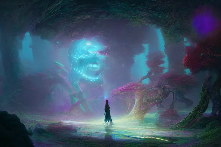 Image similar to a psychedelic realm hidden away in a pocket of ethereal understanding, astral beings sharing love, in the style of greg rutkowski, and wlop, and lisa frank, and bob ross, and ruan jia, illustration, epic, fantasy, hyper detailed, smooth, unreal engine, sharp focus, ray tracing