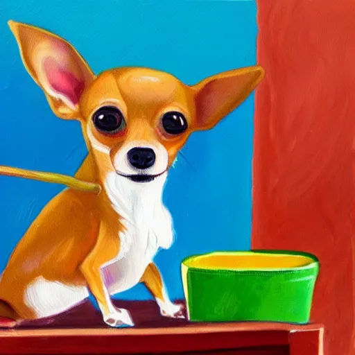 Image similar to a painting of a chihuahua smoking weed in an office