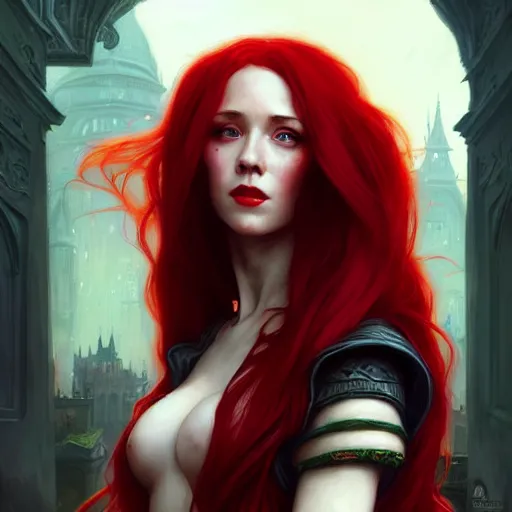 Image similar to long fancy red hair rogue, portrait, gentle, solemn face, cloth, female, city background, d & d, fantasy, intricate, elegant, digital painting, red green color palette, artstation, octane render, concept art, matte, sharp focus, illustration, herrarthstone, art by artgerm and greg rutkowski and alphonse mucha