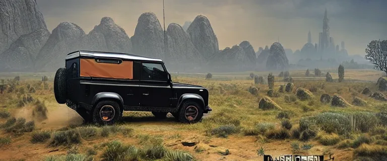 Image similar to Land Rover Defender 110 (1985), an epic fantasy, dramatic lighting, cinematic, establishing shot, extremely high detail, photorealistic, cinematic lighting, artstation, by simon stalenhag, The Elder Scrolls IV: Oblivion, Green Cyrodiil plains, Imperial City with the Adamantine Tower in the middle in the distance, at day