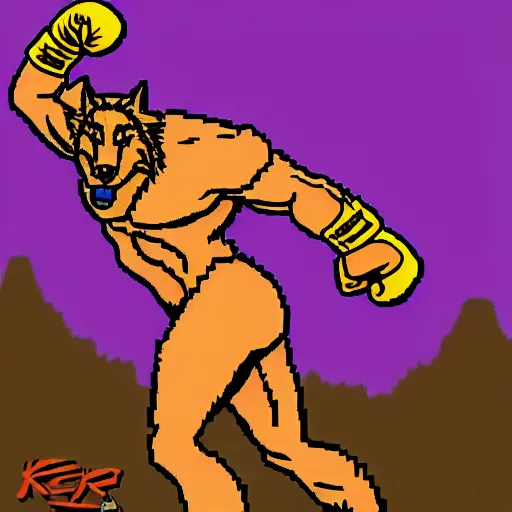 Prompt: full body portrait. 1 6 bit sega graphics. antropomorphic muscular masculine wolf. kickboxer fighter, in shorts. wolf head. furr on body. at night. destroyed scysrapers on background, violet sky, dark colors, 1 9 8 9