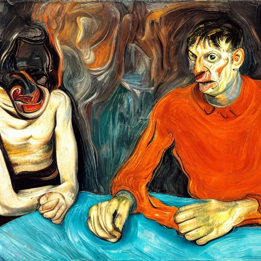 Prompt: high quality high detail expressionist painting of a man in agony by lucian freud and jenny saville edvard munch and francis bacon, hd, anxiety, seated at table, turquoise and orange