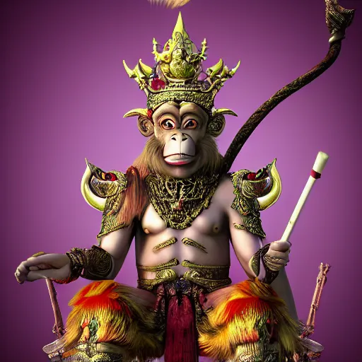Prompt: monkey king godly lord of monkeys, wearing a crown, holding a staff, sitting in throne 8 k render high detail dark demon gothic style