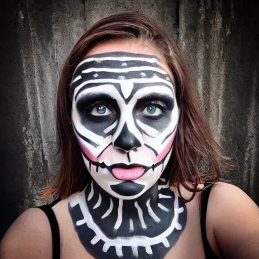 Image similar to a woman with face paint of a skull. full body. photo. detailed. photography. trending on instagram.