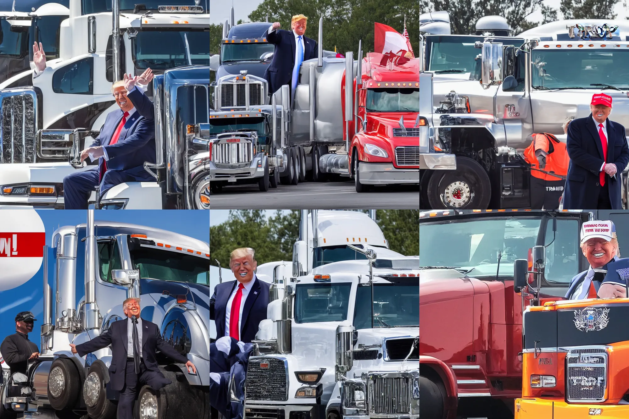 Prompt: high quality photo of Donald Trump driving a big rig, smiling trumpily