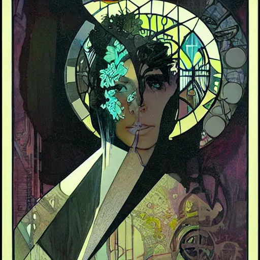 Prompt: cyberpunk dreaming by dave mckean and alphonse mucha