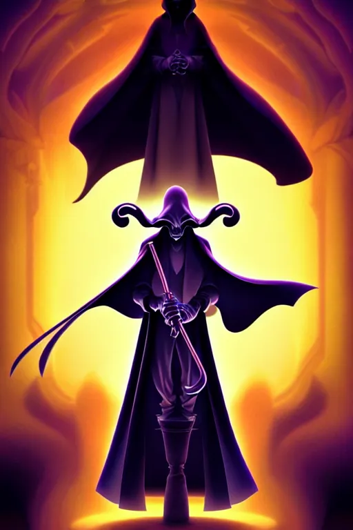 Image similar to video game cover, disney grim reaper dressed with a cape, intricate baroque style. by glen keane, by goro fujita, by octavio ocampo, masterpiece. intricate artwork, very coherent symmetrical artwork, cinematic, octane render, smooth gradients, high contrast. full body character, clean ink detailed line drawing