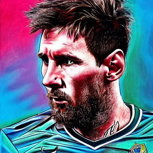 Image similar to peripheral lobotomy of messi, in the style of cyborg adi granov, colourful hand drawing, beautiful faces, dramatic, tragic, intricate, detailed, beautiful