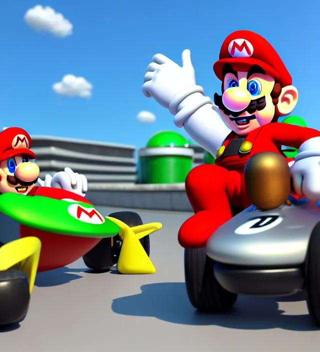Image similar to studio 3 d render of a new mario kart character, white background, perfectly shaded, trending on artstation, octane render, unreal engine 5 render