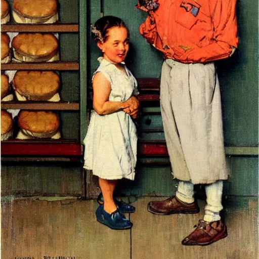 Prompt: a midget and his wife cause problems at the local bakery, painted by norman rockwell and tom lovell and frank schoonover