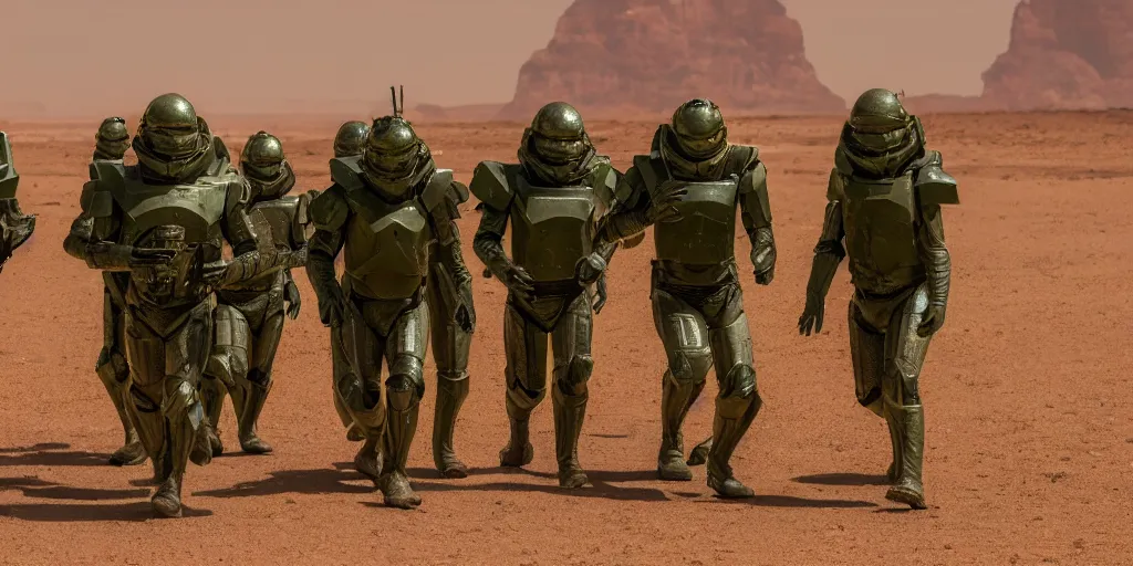 Image similar to a group of five soldiers in green sci fi armor on a rescue mission like the film stargate walk through a sandy desert with distant red mesas. ahead of them is an alien temple. dust blows across the frame. 200mm lens, mid day, heat shimmering.