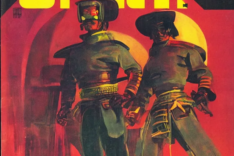 Image similar to 1979 OMNI Magazine Cover of a samurai western. in cyberpunk style by Vincent Di Fate