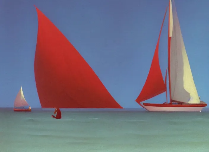 Image similar to woman on a beach, large sailboat with red sails, highly detailed, Edward Hopper and James Gilleard, Zdzislaw Beksinski highly detailed