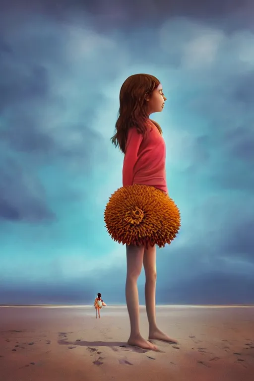 Image similar to closeup giant dahlia flower head, girl standing on beach, surreal photography, blue sky, sunrise, dramatic light, impressionist painting, digital painting, artstation, simon stalenhag