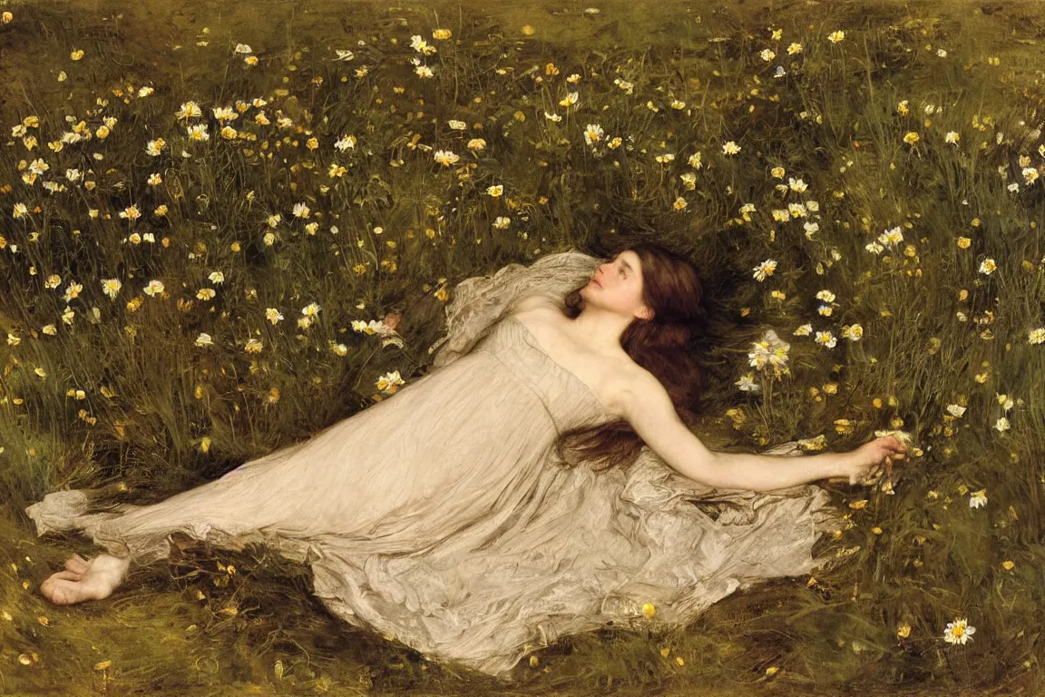 Prompt: John Everett Millais. Medium Close up of magnificent girl lying horizontal in a dark shallowwater stream flowing through thick forest. Flowers in hand. Golden brown dress with playful details, light dark very long hair. Apathetic, pale, dead but beautiful. Poppies, daisies, pansies. Most accurate and elaborate studies of nature ever made. Dark, wood, bushes. Naturalistic strong vibrant green colors. Fine brush strokes. Mysterious.
