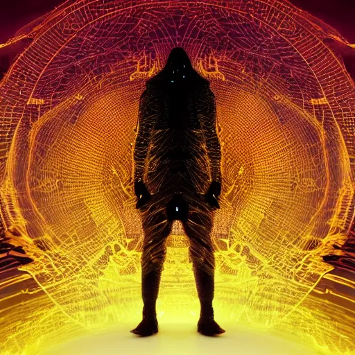 Image similar to award - winning. trending on artstation. 4 k. eerie tone. a figure wearing a layered yellow coat standing in front of a fractal representation of a glowing black hole in space. dark background. full - body. medieval. 4 k.