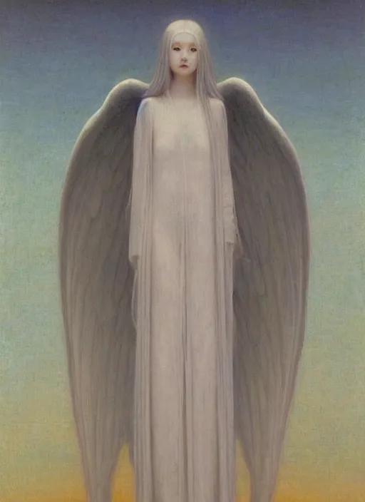 Prompt: thin young angel with silver hair, pale!, wearing robes, female goddess, flowing hair, pale smooth, young cute wan asian face, covered!!, oil on canvas by jean delville, 4 k resolution, aesthetic!,