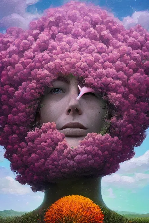 Prompt: closeup, giant flower blooming head mohawk, woman in heather field, surreal photography, starlight, storm clouds, impressionist painting, digital painting, artstation, simon stalenhag