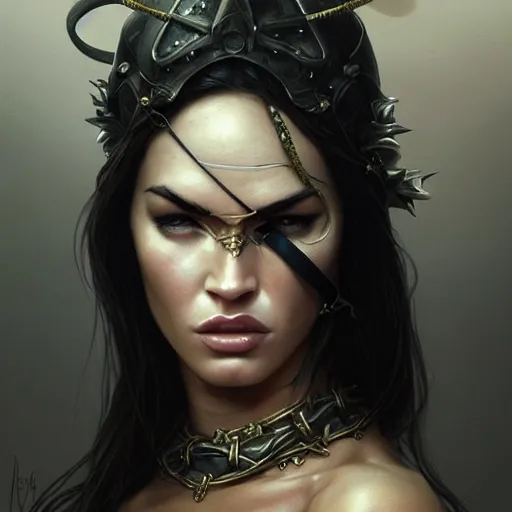 Prompt: portrait of megan fox, muscular upper body, slave collar, blindfold, bikini, fantasy, intricate, elegant, highly detailed, digital painting, artstation, concept art, matte, sharp focus, illustration, art by aenaluck and roberto ferri and greg rutkowski, epic fantasy, digital painting