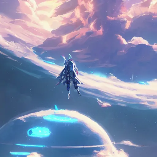 Image similar to a spaceship crashed into a foreign planet. The spaceship is buried in the ground. beautiful blue sky with large white anime clouds. in the style of digital art, artstation trending, rossdraws, breath of the wild, Makoto Shinkai, ghibli