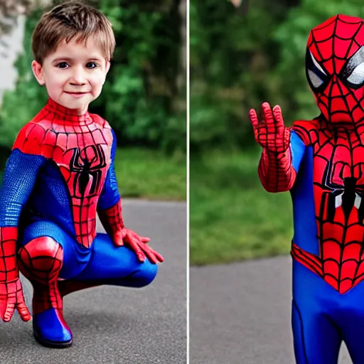 Prompt: four year old boy dressed as spider - man, fighting crime, outdoor, photorealistic,