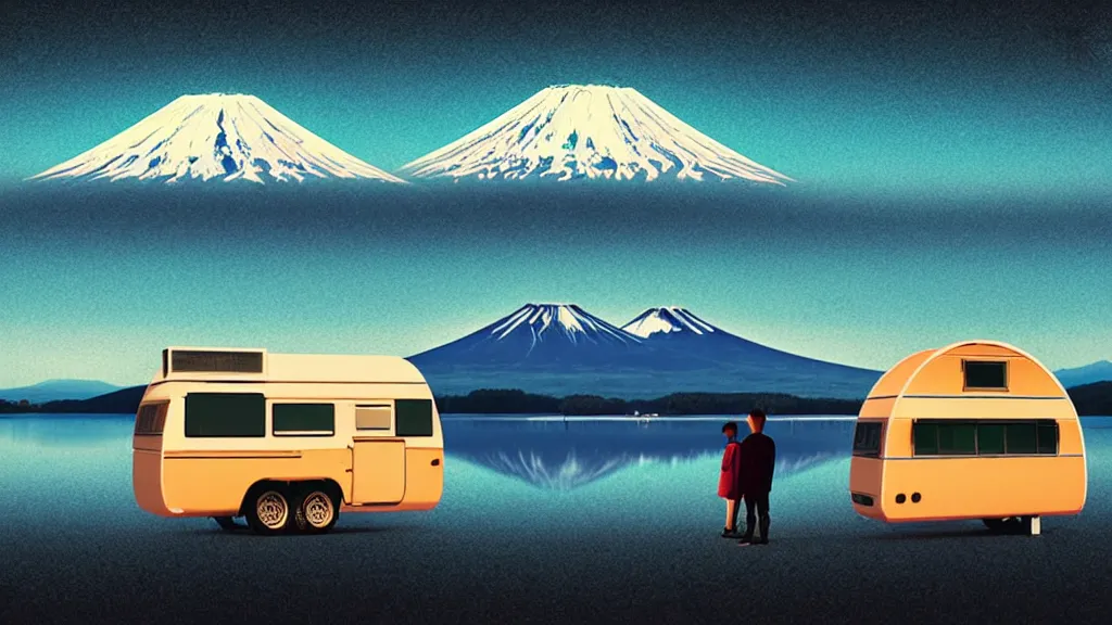 Prompt: an overlook scene of two travellers and their camper, at the edge of yamanaka lake reflecting mount fuji overcast sky, a collage painting, in the style of wes anderson, lola dupre, david hockney, isolated on negative white space background dark monochrome neon spraypaint accents volumetric octane render