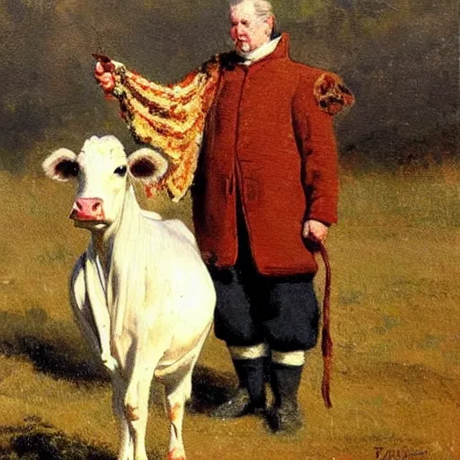 Prompt: painting by zorn, cow wearing!!! clothes!!! standing next to royal castle!!