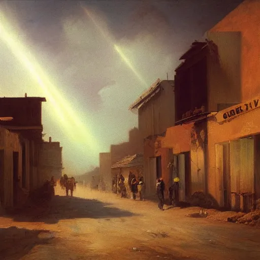 Image similar to oil painting of cowboy in dusty street in western town, storm clouds, sunrays, very very very very very beautiful bright art, american romanticism by goya, colorful masterpiece, realistic and detailed