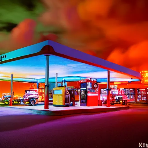 Prompt: film photography of a 1940s gas station at night in front of colourful underwater clouds by Kim Keever, low shutter speed, 35mm