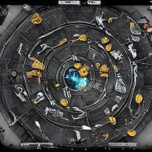 Image similar to a space junkyard forming a tilted disk in black starless space, a graveyard of space stations and giant space structures, dark sci - fi game map