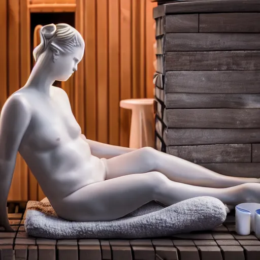 Prompt: realistic porcelain statue of a person sitting in sauna, 4 k photo, spotlight