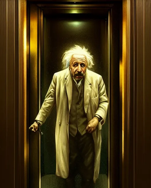 Prompt: Einstein in a elevator painted by István Sándorfi volumetric lighting, back lighting, rimlight, dramatic lighting, digital painting, highly detailed, artstation, sharp focus, illustration, Artgerm, Jean-Léon Gérôme , ruan jia