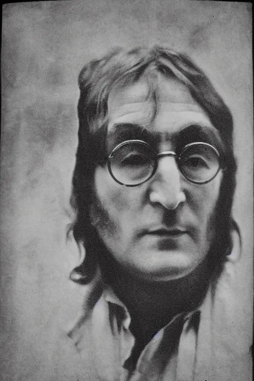 Image similar to john lennon, outlaw, full body, symmetrical features, silver iodide, 1 8 8 0 photograph, sepia tone, aged paper, sergio leone, master prime lenses, cinematic