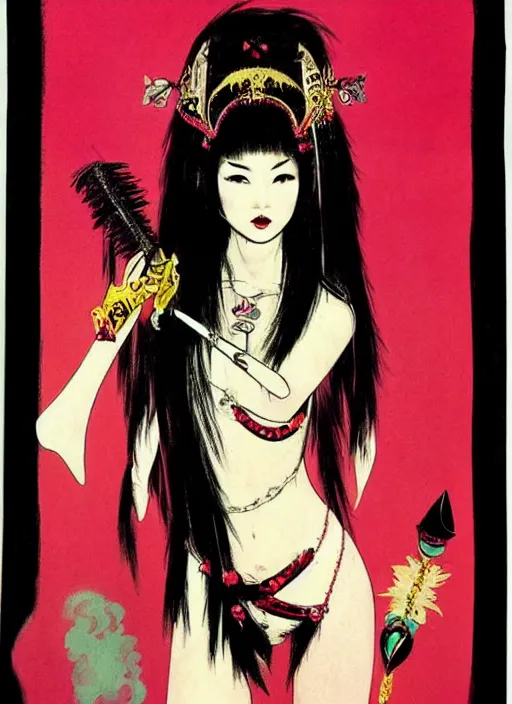 Image similar to mighty female korean vampiress, jeweled headdress, heavy mascara, strong line, saturated color, beautiful! coherent! by frank frazetta, high contrast, minimalism