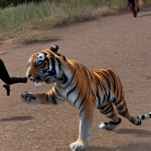 Image similar to screenshot of go pro footage from front view emma stone running in front of tiger