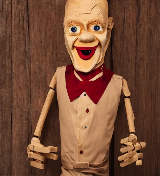 Prompt: hyper realistic photography of horror ventriloquist wooden puppet with old carved painted head