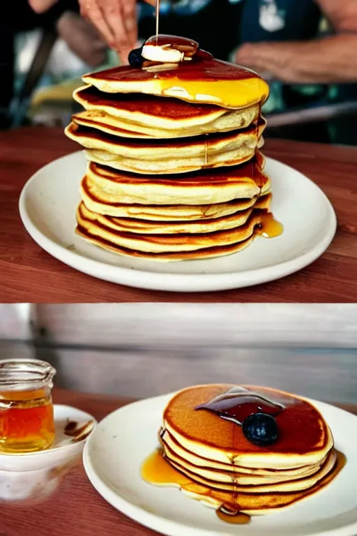 Image similar to a psychedelic stack of delicious pancakes smothered in maple syrup served in a 1 9 6 0's american diner