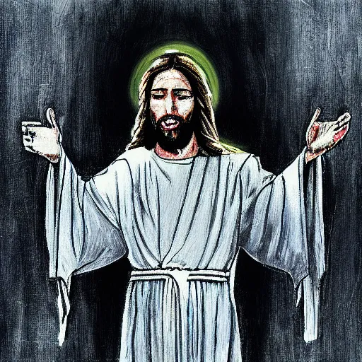 Prompt: a realistic painting of neon jesus they prayed in tokyo, cyberpunk, wideangle camera