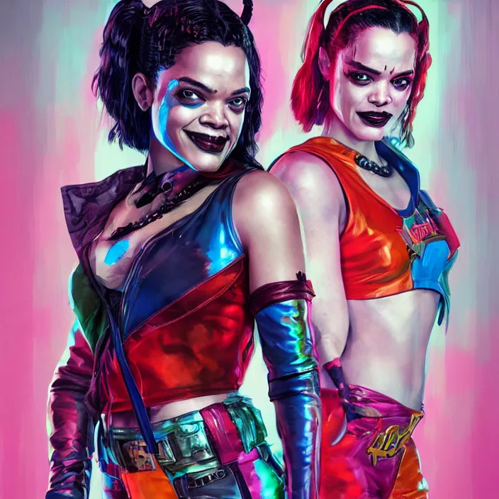 Prompt: portrait of Tessa Thompson as a harley quinn. intricate abstract. intricate artwork. by Tooth Wu, wlop, beeple, dan mumford. octane render, trending on artstation, greg rutkowski very coherent symmetrical artwork. cinematic, hyper realism, high detail, octane render, 8k, iridescent accents