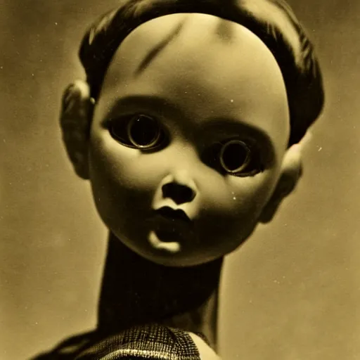 Image similar to a close - up, black and white studio photographic portrait of a doll with a broken face, dramatic backlighting, 1 9 4 0 photo from life magazine