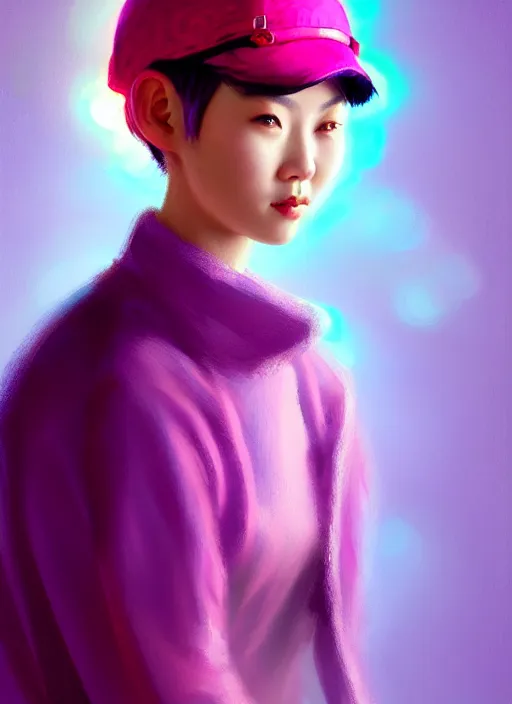 Image similar to portrait of chinese girl with bright pink hair, curly pixie cut hair, wearing a purple cap, breton cap, intricate, elegant, glowing lights, highly detailed, digital painting, artstation, concept art, smooth, sharp focus, illustration, art by wlop, mars ravelo and greg rutkowski