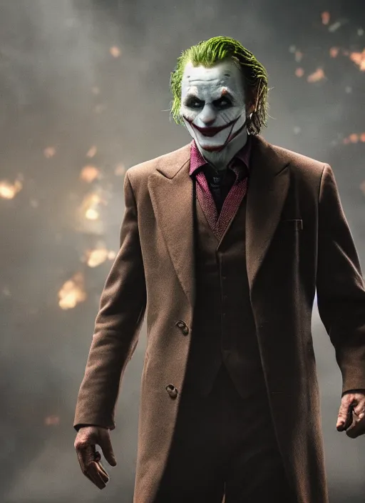 Image similar to Liam Neeson as the Joker, realistic, studio photography, 4k, cinematic lighting, explosion in the background